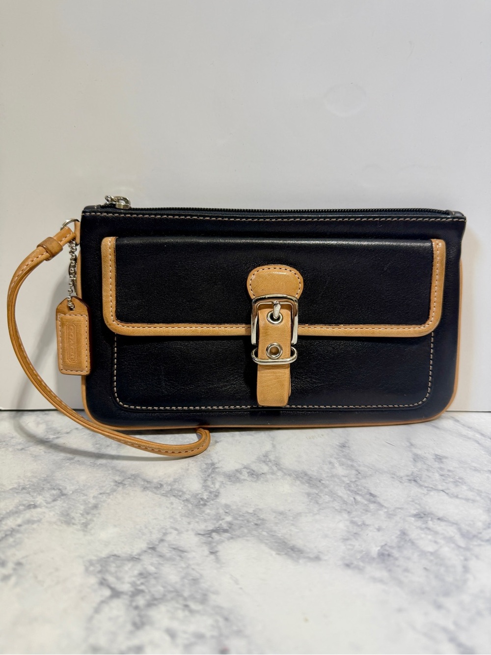 Coach black and tan leather wristlet phone holder wallet clutch bag